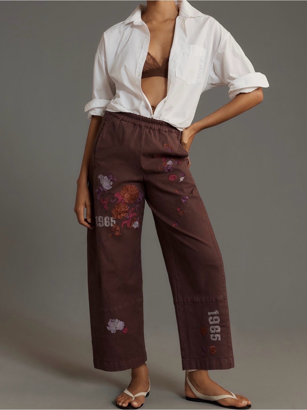 Anthropologie Wide-Leg Floral Embroidered Pants burgundy - Picture 1 of 10
